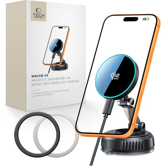 Tech-Protect MM25W-V8 QI2.2 Magnetic Magsafe Windshield & Dashboard Car Mount Wireless Charger 25W BLACK
