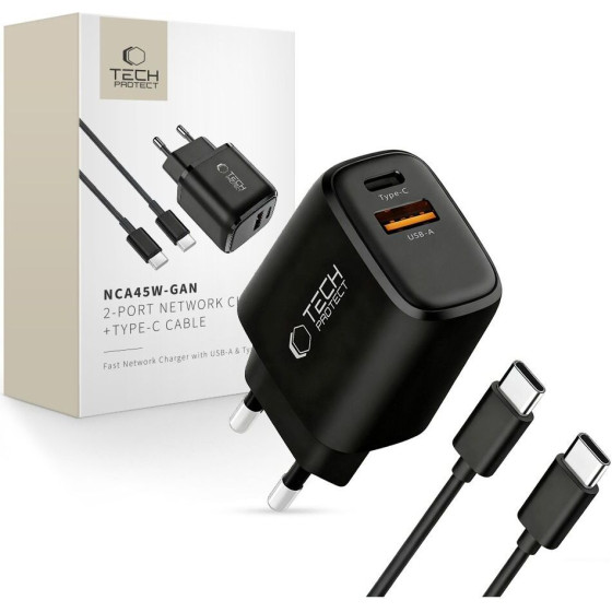Tech-Protect NCA45W-Gan 2-Port Network Charger Pd 45W / QC3.0 + TYPE-C Cable BLACK