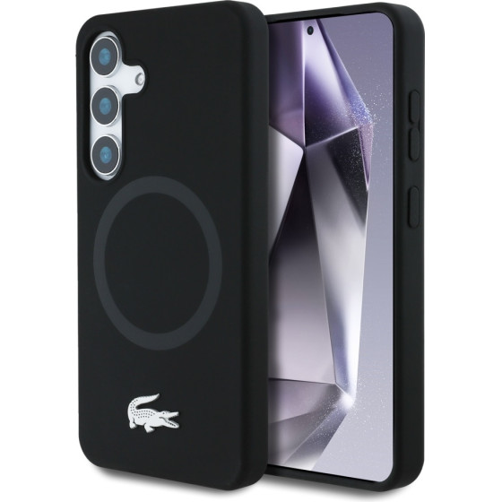 LACOSTE Case Silicone Microfiber W/ Silver Croc Logo Magsafe For Samsung Galaxy S25 Black - (LCHMS25SSMAK)