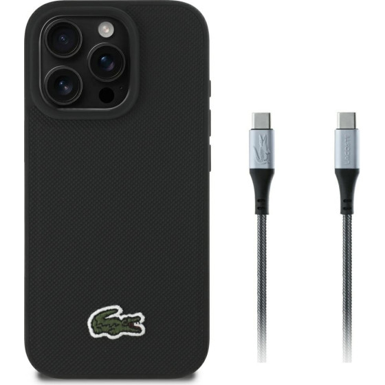 LACOSTE Set 2in1 Case + Cable USB-C Iconic Petit Pique Woven Magsafe For Iphone 16 Pro Max Black - (LCHMBCCP16XPVCK)