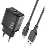Dudao A23LEu 2.4A Gan Eu USB-A Wall Charger With USB-A To Lightning Cable - Black - (A23LEu black)