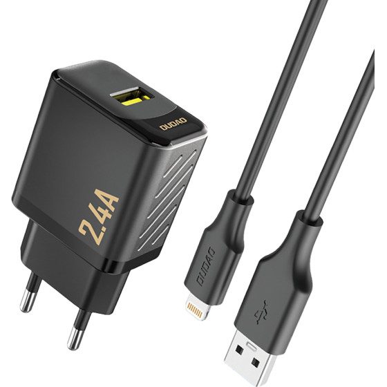 Dudao A23LEu 2.4A Gan Eu USB-A Wall Charger With USB-A To Lightning Cable - Black - (A23LEu black)