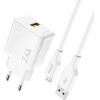 Dudao A23LEu 2.4A Gan Eu USB-A Wall Charger With USB-A To Lightning Cable - White - (A23LEu white)