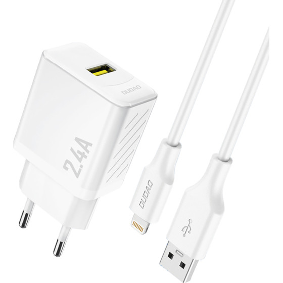 Dudao A23LEu 2.4A Gan Eu USB-A Wall Charger With USB-A To Lightning Cable - White - (A23LEu white)