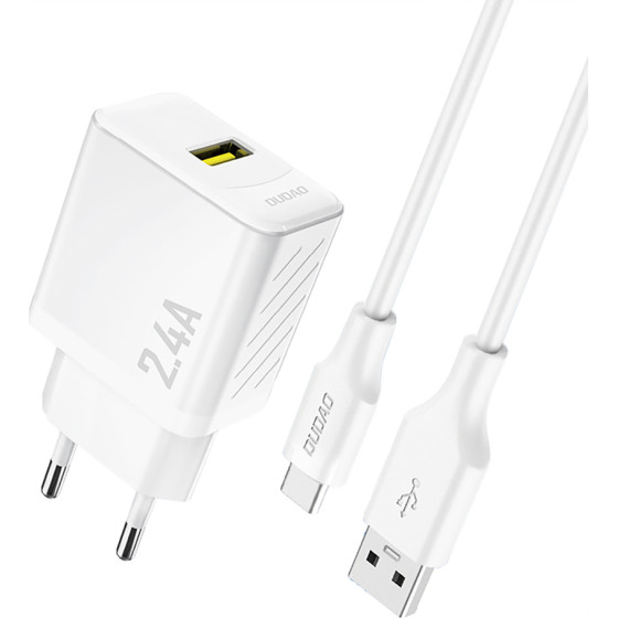 Dudao A23TEu 2.4A Gan USB-A Wall Charger With USB-A - USB-C Cable - White - (A23TEu white)