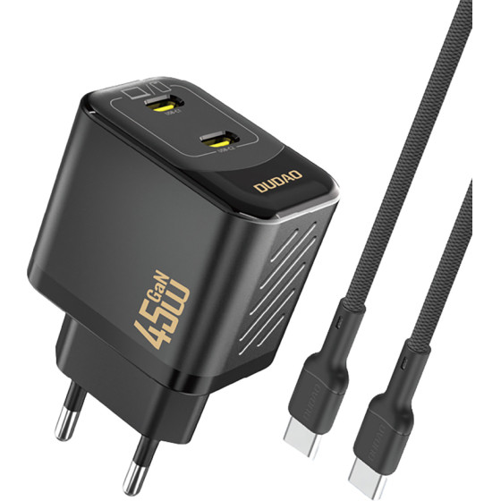 Dudao A28PCeu Pd 45W Gan 2xUSB-C Wall Charger With USB-C Cable - Black - (A28PCeu black)