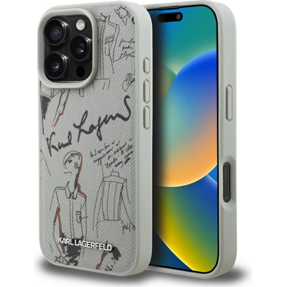 Karl Lagerfeld Case Grained Pattern & Logo Magsafe For Iphone 16 Pro Grey - (KLHMP16LPGGRMPKG)
