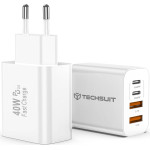 Techsuit - Premium Wall Charger PowerXQuad (CH4) - 2x PD20W Type-C, 2x USB 3.1A, Super Fast Charge Travel Adapter 40W - White - (CH4;WHITE)