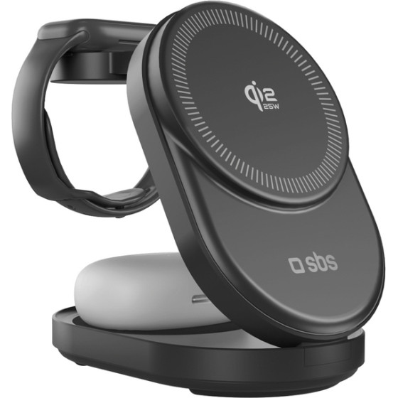 SBS Qi2.2 25W Inductive 3-in-1 Foldable Charging Station with MFI Certificate - Black - (TEWIRFOLD3IN1QI225W)