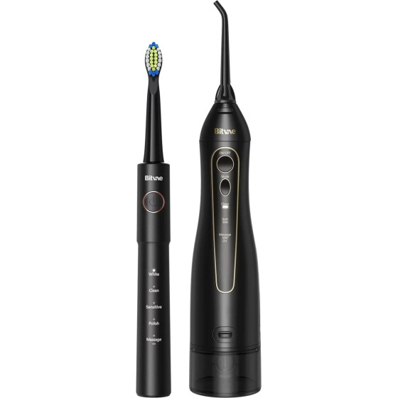 Bitvae - Electric Toothbrush (E11) + Water Flosser (F5020E) - Ultrasonic, 2x4 Heads, 5 Brush Modes, 3 Irrigate Modes - Black