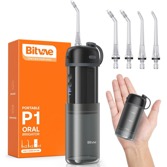 Bitvae - Water Flosser P1 (BVP1) - with Telescopic Water Tank, 4x 360� Rotating Nozzle, for Sensitive Teeth, IPX7 - Black