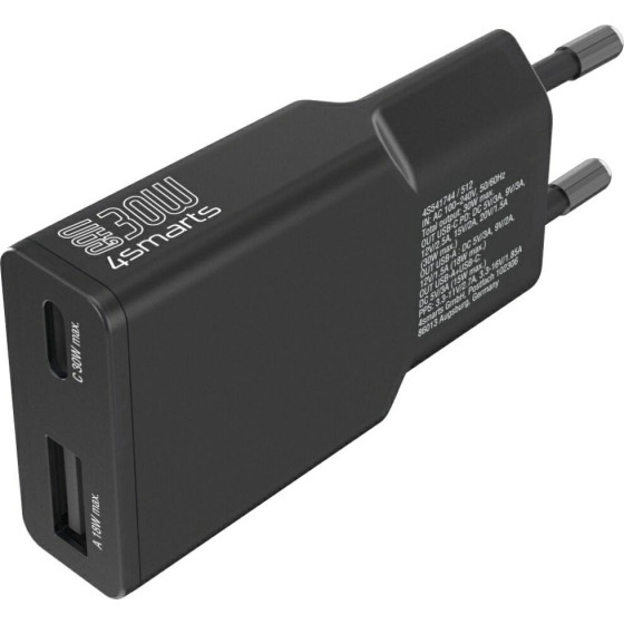 4sMarts Wall Charger Flatplug Duos 30W Gan USB-C/USB-A Black - (541744)