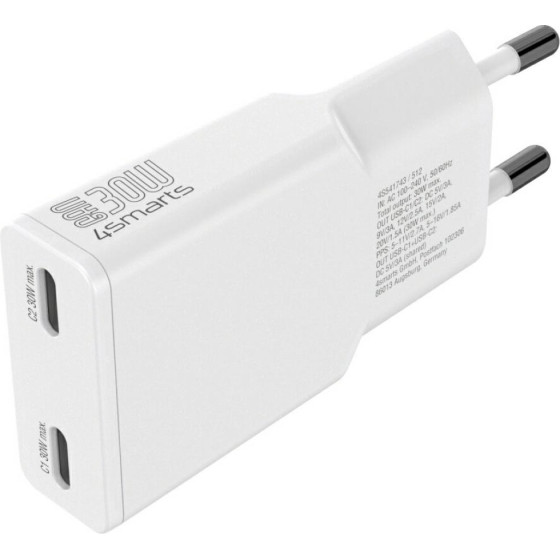 4sMarts Wall Charger Flatplug Slim Dual 30W Gan 2xUSB-C White - (541743)