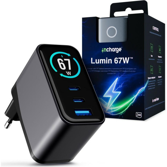 3MK Network Charger Incharge Lumin Pd 67W QC4+ Pps Afc Fcp Scp USB-A 2xUSB-C Tft With Display Black - (5903108705295)