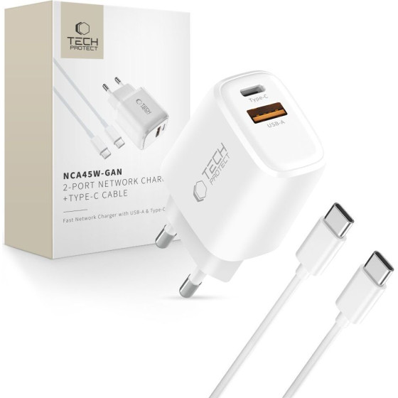 Tech-Protect NCA45W-Gan 2-Port Network Charger Pd 45W / QC3.0 + TYPE-C Cable WHITE