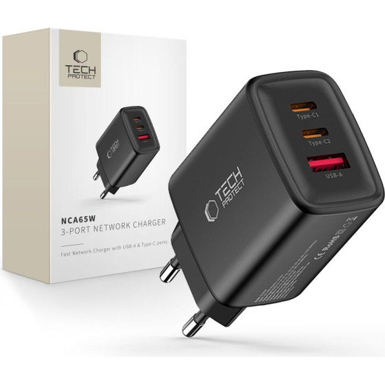 Tech-Protect NCA65W-Gan 3-Port Network Charger Pd 65W / QC3.0 BLACK