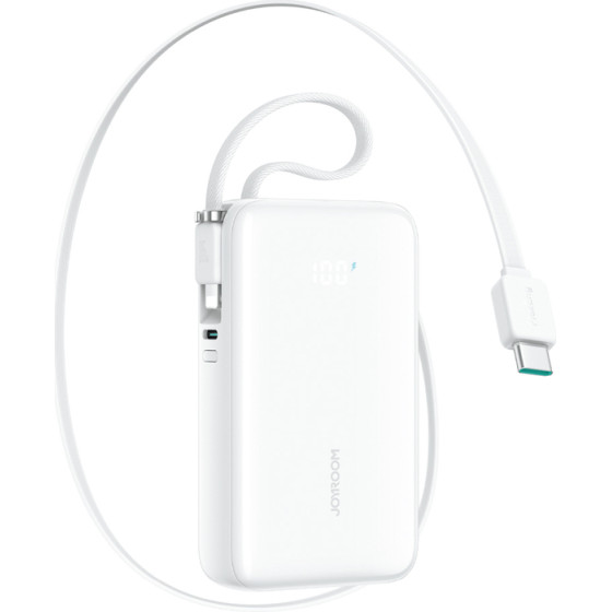 Joyroom JR-PR2L 10000mAh 35W Power Bank With Built-In Retractable USB-C Cable And Lightning Lanyard Cable - White - (JR-PR2L white)
