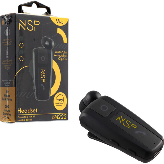 NSP Bluetooth BN222 ����� Retractable Clip On Headset V6.0 (2 ��������) Vibration + ANTI-Lost + Strap BLACK