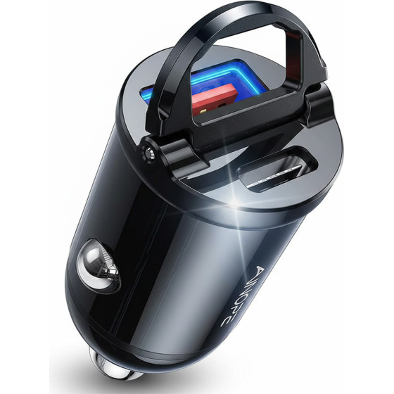 Ainope - Car Charger - USB, Type-C, PD30W, With Pull Ring, Aluminum Alloy, 12V/24V - Black - (YA0222080015)