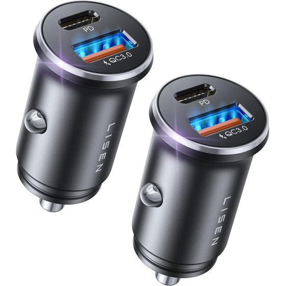 Lisen - (2 pack) Car Charger - Fast Charging, USB, Type-C, Cigarette Lighter Adapter, PD36W, QC18W - Black - (YL0223080038)