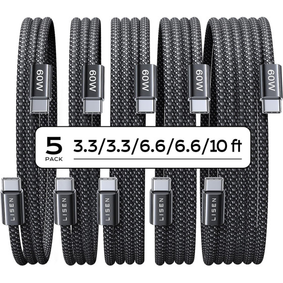 Lisen - (5 pack) Data Cable - Type-C, 60W, 480Mbps, Fast Charging, Braided, 1m/1m/2m/2m/3m - Black - (YL0123070010)