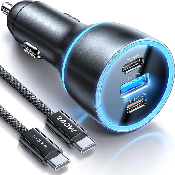 Lisen - Car Charger (YL0224010001) - With Type-C Cable, USB-A, Type-C, 170W, GaN, Aluminum Alloy, 12V/24V, 1m - Black
