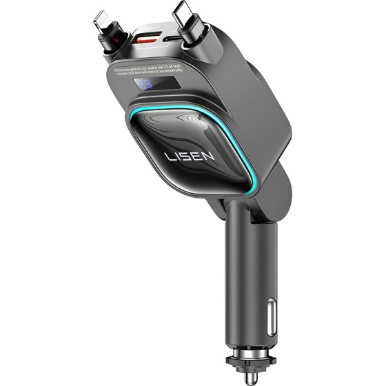 Lisen - Car Charger - 4in1, USB, Type-C, With 2x Retractable Cable, Led Display, 96W, 12V=24V - Black - (YL0224080017)