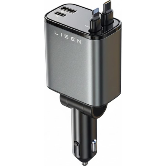 Lisen - Car Charger - 4in1, USB, Type-C, With USB-C, Lightning Retractable Cable, Aluminum Alloy - Black - (YL0224040031)