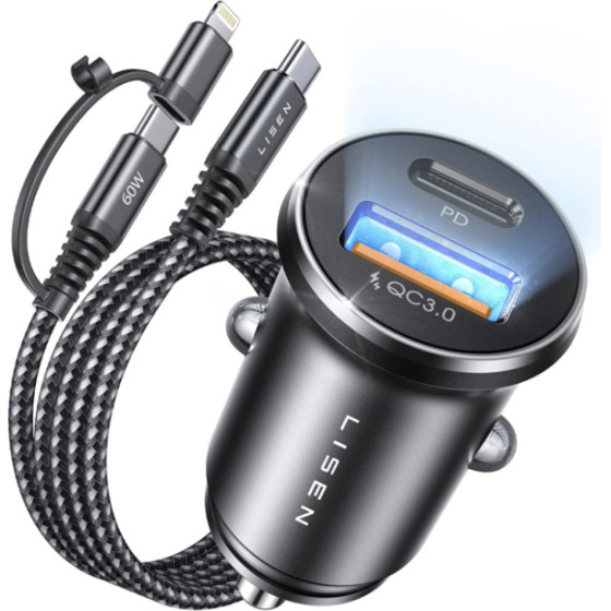 Lisen - Car Charger - USB, Type-C, With 3in1 Type-C/Lightning To Type-C Cable, 12V/24V - Black - (YL0223080035)