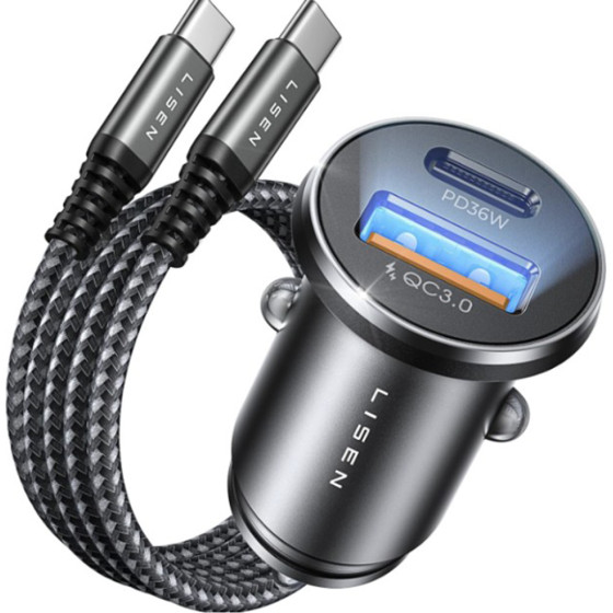 Lisen - Car Charger - USB, Type-C, With Type-C Armor Cable, 12V=24V - Black / Navy Blue - (YL0223080047)