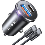 Lisen - Car Charger - With Type-C Braided Cable, USB, USB-C, PD65W, QC3.0, 12V=24V, Aluminum Alloy - Silver - (YL0223110003)
