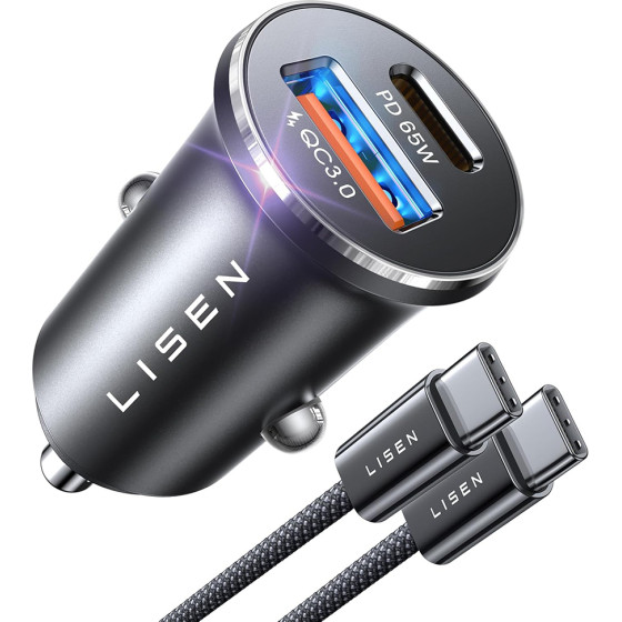 Lisen - Car Charger - With Type-C Braided Cable, USB, USB-C, PD65W, QC3.0, 12V=24V, Aluminum Alloy - Silver - (YL0223110003)