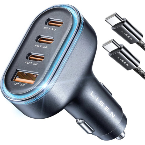Lisen - Car Charger - With Type-C Cable, USB, 3x Type-C, 101W, Fast Charge, 12V=24V - Black - (YL0223120021)