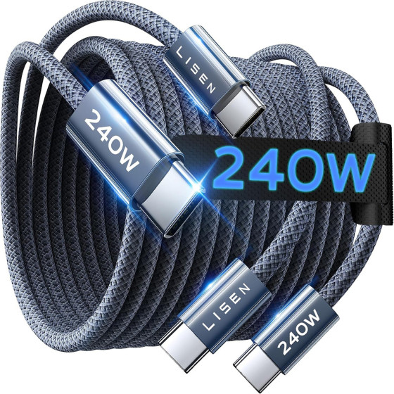 Lisen - Data Cable (2 pack) - Type-C To Type-C, 240W, Nylon-Braided, 2m - Navy Blue - (YL0123070023)