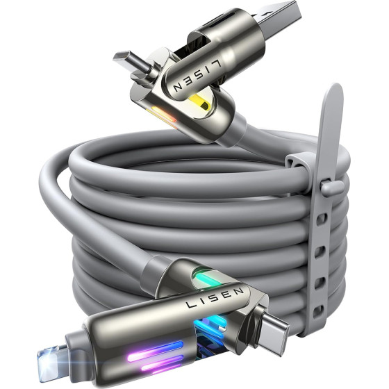Lisen - Data Cable - 4in1, USB/Type-C To Type-C/Lightning, Rgb Lights, 240W, 480Mbps, 2m - Gray - (YL0124110002)