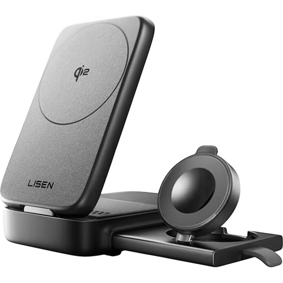 Lisen - Wireless Charger W106 (YL0424120009) - With Wall Charger, MagSafe, Fast Charging, 3in1, Qi2, Foldable, 15W - Grey - (W106;YL0424120009)