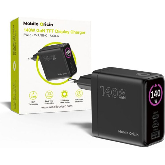 Mobile Origin 140W GaN Display Charger PW21 - 2x USB-C + USB-A - (MO-140WDCH-PW21)