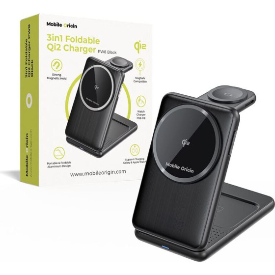 Mobile Origin 3in1 Foldable Qi2 Charger PW8, black - (MO-FCH-PW8-BLK)