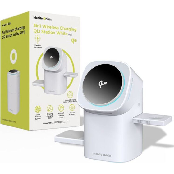 Mobile Origin 3in1 Wireless Charging Qi2 Station PW11, white - (WCHS-PW11-WHT)