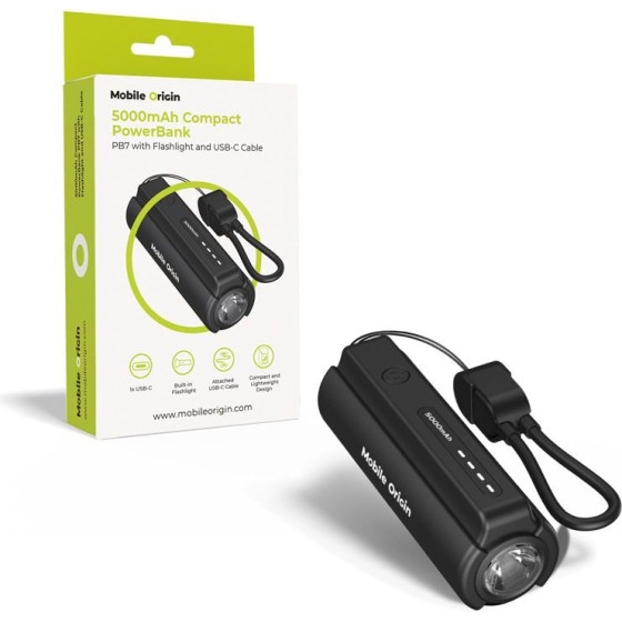 Mobile Origin 5000mAh Compact PowerBank PB7 with Flashlight and USB-C Cable - (MO-CPFC-PB7)