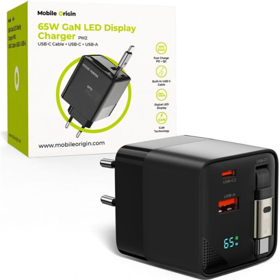 Mobile Origin 65W GaN Display Charger PW2 - USB-C Self-Retracting Cable + USB-C + USB-A - (MO-65WDCH-PW2)