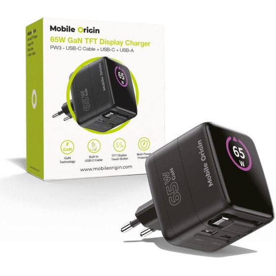Mobile Origin 65W GaN Display Charger PW3 - USB-C Self-Retracting Cable + USB-C + USB-A - (MO-65WDCH-PW3)