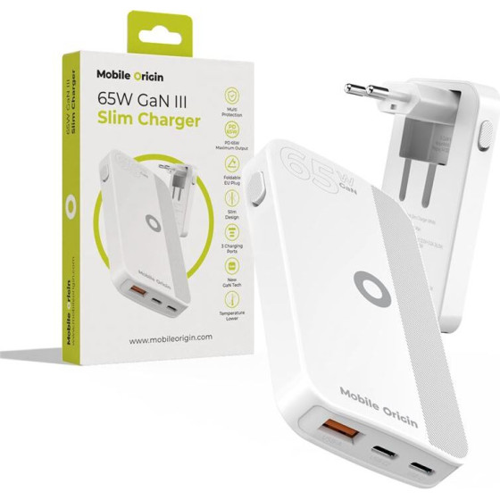 Mobile Origin 65W GaN III Slim Charger dual USB-C, Single USB-A white - (GAN-65W-SLM-WHT)
