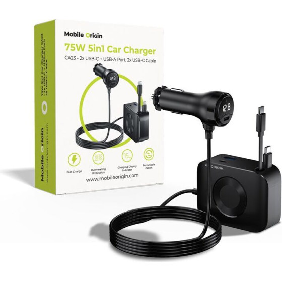 Mobile Origin 75W 5in1 Car Charger CA23 - 2x USB-C + USB-A Port, 2x USB-C Cable - (MO-75WCCH-CA23)