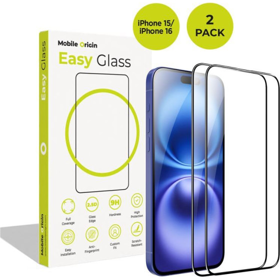 Mobile Origin EasyGlass iPhone 15/iPhone 16, 2 pack - (FRL-EG-i16-2pk)