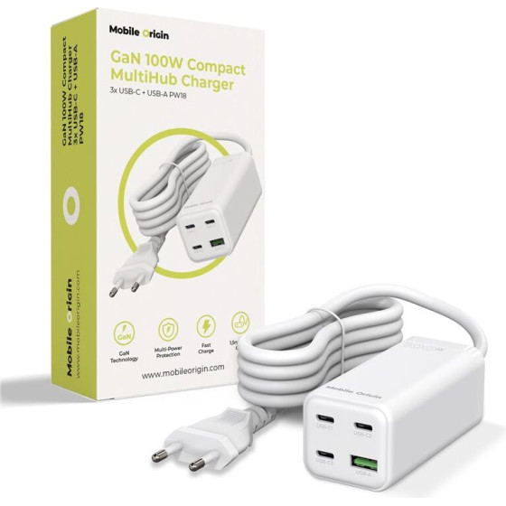 Mobile Origin GaN 100W Compact MultiHub Charger PW18 with 3x USB-C + USB-A - (MO-100CMH-PW18)
