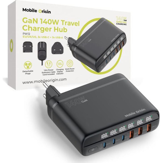 Mobile Origin GaN 140W Travel Charger Hub PW12 EU/UK/US, 3x USB-C + 3x USB-A - (MO-CH140-PW12)
