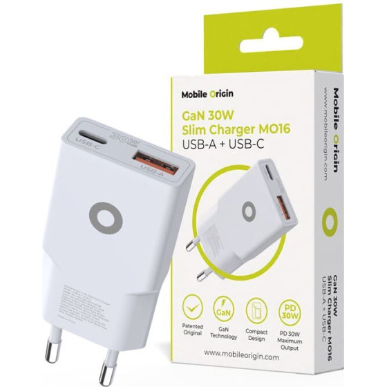 Mobile Origin GaN 30W Slim Charger TUV MO16 - USB-A + USB-C - (MO-GAN30W-MO16)