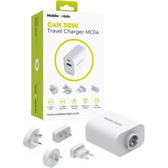 Mobile Origin GaN 30W Travel Charger MO14, EU,USA,UK,AUS - (FRL-TRVL30W-MO14)