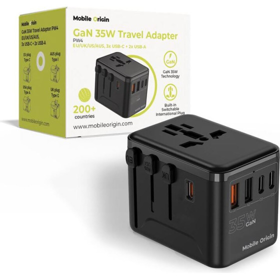 Mobile Origin GaN 35W Travel Adapter PW4 EU/UK/US/AUS, 3x USB-C + 2x USB-A - (MO-TRA35-PW4)